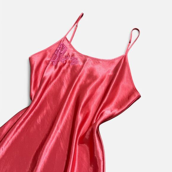 VTG Y2K Chanteuse Bright Coral & Hot Pink Floral Lace Satin Maxi Slip Dress M - Picture 2 of 7